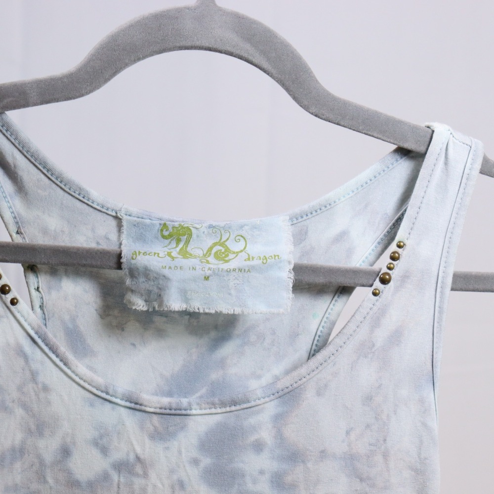 Green Dragon Tie Dye Tank Top M Blue Womens Studded Racerback Casual - Picture 4 of 4